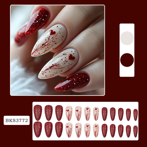 Faux Ongles Amande À Presser Avec Motif Cœur Rouge Scintillant Style Français Avec Colle Gelée Et Lime À Ongles