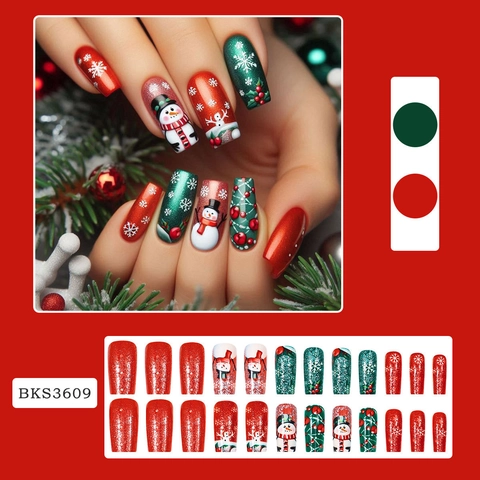 Christmas Press On Nails Red Glitter Snowman Medium Square Fake Nails Snowflake Design Holiday Party For Women