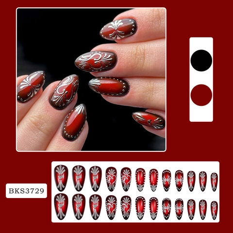 Press On Nails Mandelform Ombre Dunkelrot Schwarz Silber Herz Glitzer Wiederverwendbare Künstliche Falsche Nägel Für Damen