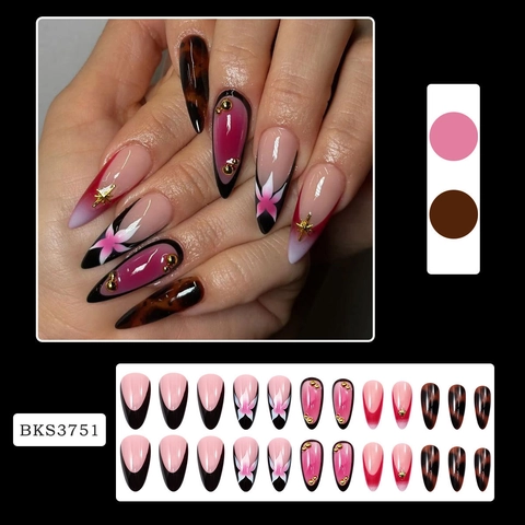 Press On Nagels Frans Zwart Roze Verloop Bloemenpatroon Schildpad Lange Amandelvorm Kunstnagels Luxe