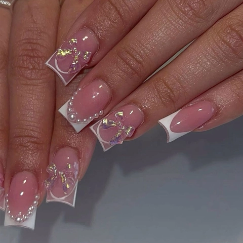 French Press On Nails With 3D Bows And Artificial Pearls Glossy Pink Long Square False Nails For Women Elegant Sweet Manicure