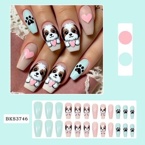 Uñas Postizas Coffin De Perro De Dibujos Animados Lindas Corazón 3D Rosa Verde Menta Estilo Ins