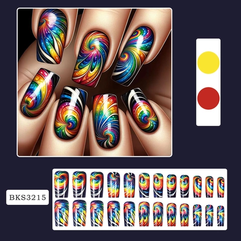 Uñas Postizas A Presión Con Remolino De Arco Iris Patrón De Mármol Colorido Cuadradas Largas Con Pegamento Y Lima