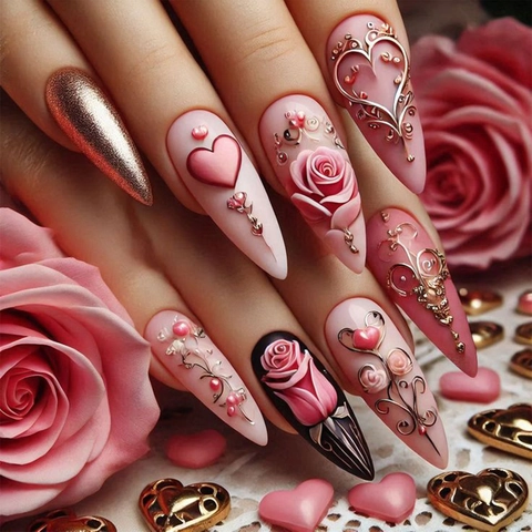 Faux Ongles Press On Nails Longs Stiletto Rose Fleur 3D Motif Coeur Paillettes Dorées Style Français Romantique Pour Femmes
