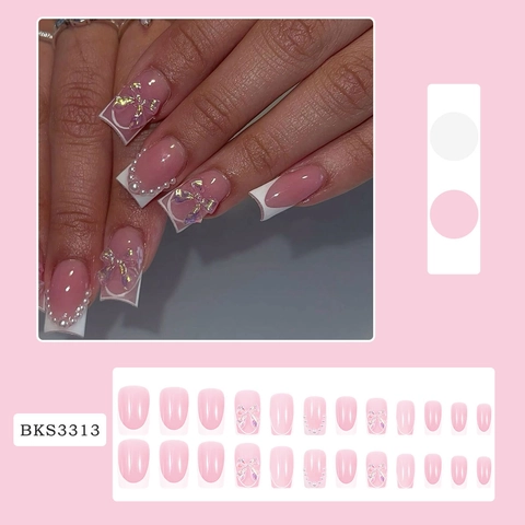 French Press On Nails With 3D Bows And Artificial Pearls Glossy Pink Long Square False Nails For Women Elegant Sweet Manicure