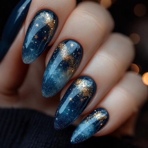 Unghie Finte A Pressione Cielo Stellato Resina Stiletto Lungo Galassia Sfumata Glitter Oro Manicure Fai Da Te Per Donne