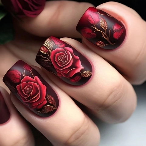 Retro Red Rose Press On Nails Matte Square False Nails Elegant Flower Pattern For Women Valentine Day