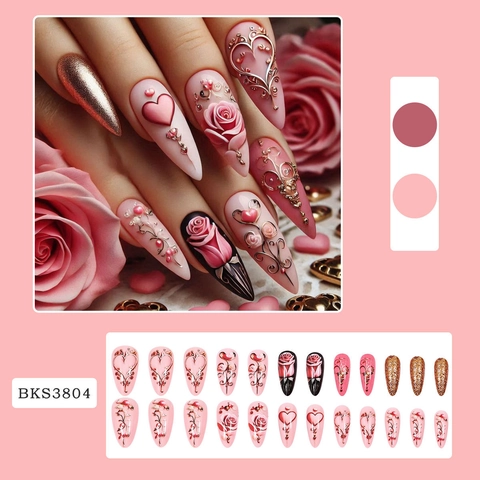 Faux Ongles Press On Nails Longs Stiletto Rose Fleur 3D Motif Coeur Paillettes Dorées Style Français Romantique Pour Femmes