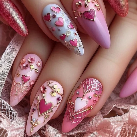 Elegante Künstliche Nägel Mandelform Herzmuster Rosa Lila Blumendesign Harz DIY Maniküre Für Stilvolle Frauen