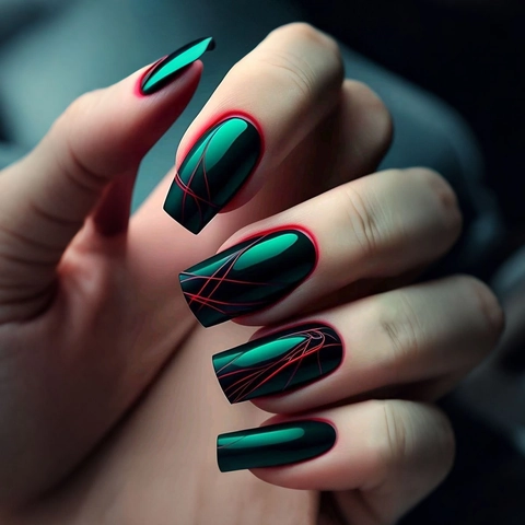 Press On Nails Dark Green Red Crackle Coffin Square Shape Glossy Metallic Fake Nails For Women Reusable Manicure