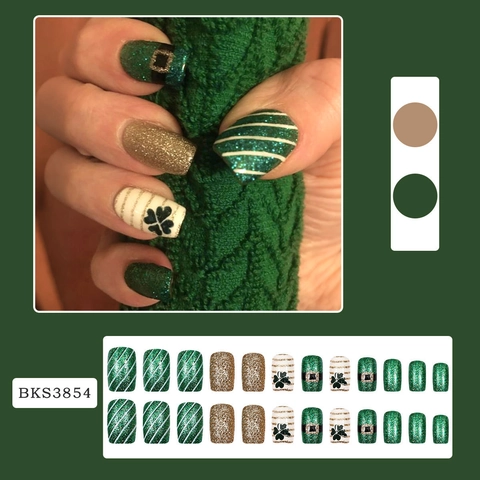 Press On Nails St Patrick's Day Groen Goud Glitter Klaver Plastic Volledige Dekking Kunstnagels Voor Vrouwen