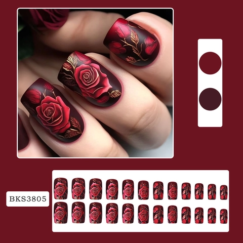 Retro Red Rose Press On Nails Matte Square False Nails Elegant Flower Pattern For Women Valentine Day