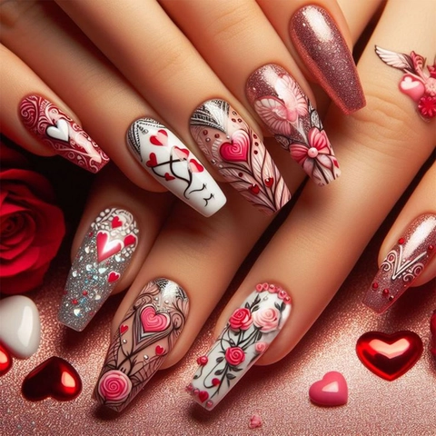 Pink Glitzer Herz Aufpressnägel Lange Mandelform Künstliche Nägel Für Valentinstag Mit Gelee-Kleber Und Nagelfeile