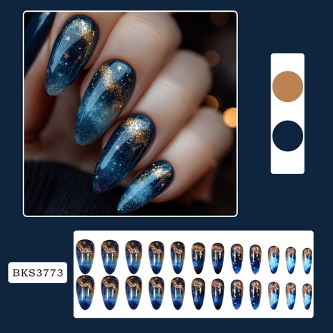 Unghie Finte A Pressione Cielo Stellato Resina Stiletto Lungo Galassia Sfumata Glitter Oro Manicure Fai Da Te Per Donne