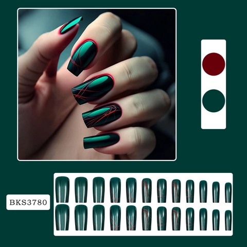 Press On Nails Dark Green Red Crackle Coffin Square Shape Glossy Metallic Fake Nails For Women Reusable Manicure