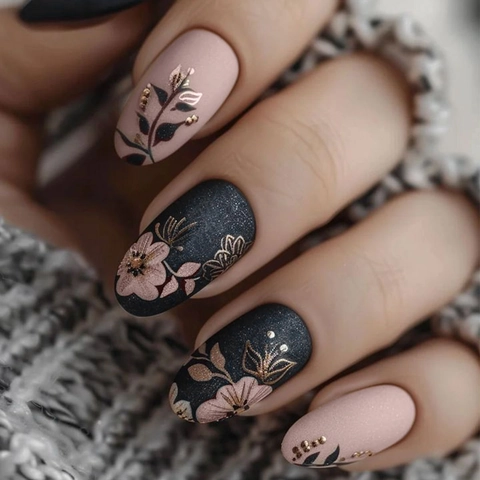 Matte Almond Press On Nails Black Rose Pink Autumn Leaves Gold Floral Pattern Artificial Fingernails Including Jelly Glue And File