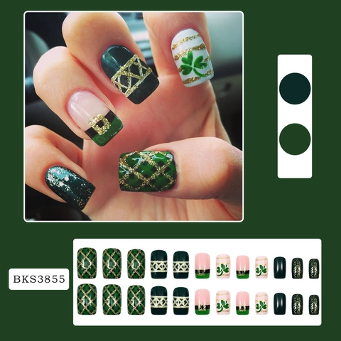 St Patricks Day Press On Nails Shamrock Green Gold Glitter Checkered Short Square False Nails For Women Festive