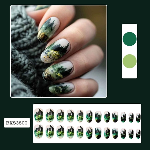 Künstliche Nägel Grüner Tuschewald Stil Oval Mittellang ABS Kunststoff Wiederverwendbar Full Cover Mode Maniküre Für Damen