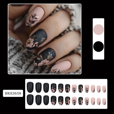 Matte Almond Press On Nails Black Rose Pink Autumn Leaves Gold Floral Pattern Artificial Fingernails Including Jelly Glue And File