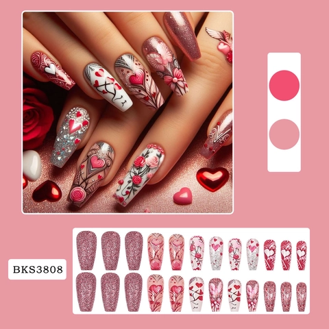 Pink Glitzer Herz Aufpressnägel Lange Mandelform Künstliche Nägel Für Valentinstag Mit Gelee-Kleber Und Nagelfeile