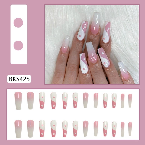 Uñas Postizas Largas Coffin Degradado Rosa Blanco Patrón Yin Yang Brillante Lámina De Oro Para Arte De Uñas Mujer