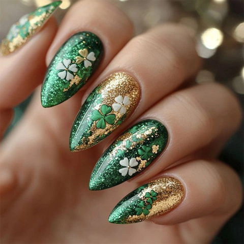 St Patricks Day Press On Nails Green Gold Glitter Shamrock Pattern Almond Shape Artificial Fake Nails For Women