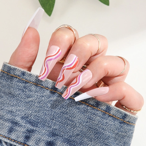 Long Coffin Press On Nails Colorful Rainbow Wave French Style Artificial False Nails For Women