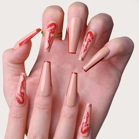 Uñas Postizas Largas Coffin A Presión Diseño Dragón Chino Estilo Nude French Tip Uñas Artificiales Mujer
