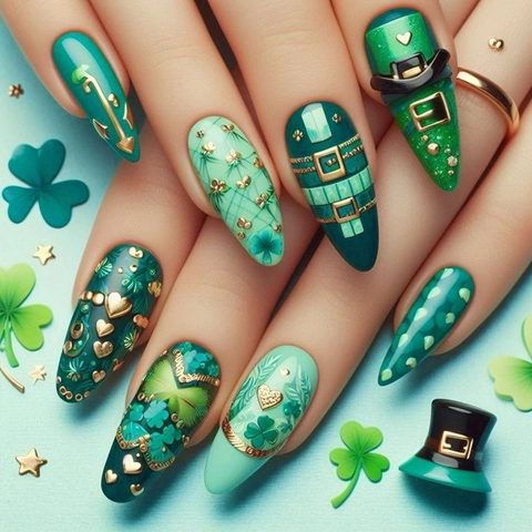 Unghie Finte Trifoglio Verde St Patrick Day Stiletto Lucido Glitter Manicure Festiva Con Colla Jelly E Lima