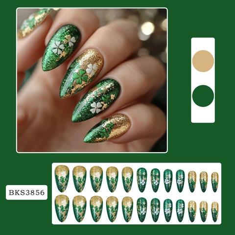 St Patricks Day Press On Nails Green Gold Glitter Shamrock Pattern Almond Shape Artificial Fake Nails For Women