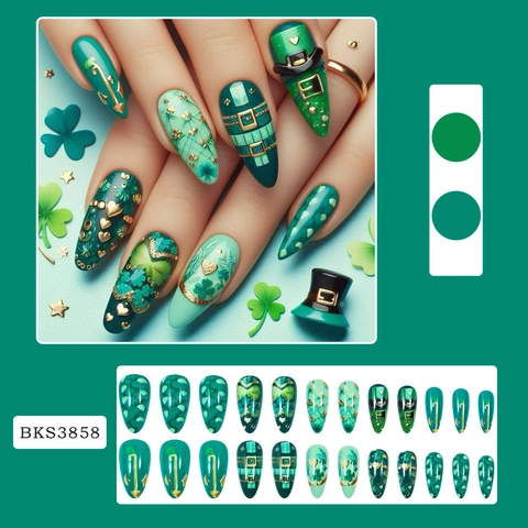 Unghie Finte Trifoglio Verde St Patrick Day Stiletto Lucido Glitter Manicure Festiva Con Colla Jelly E Lima