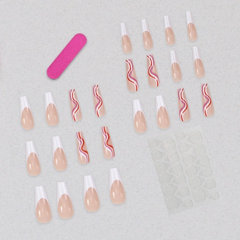 Long Coffin Press On Nails Colorful Rainbow Wave French Style Artificial False Nails For Women