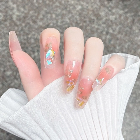 Ongles À Presser Forme Cercueil Dégradé Rose Avec Strass Et Feuilles D'or Style Français Élégant Faux Ongles