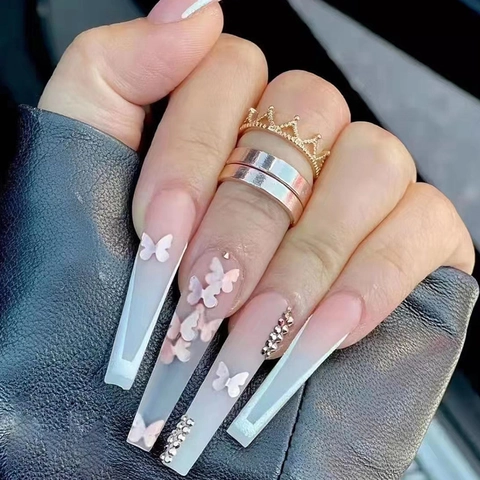 French Long Coffin Press On Nails Ombre Pink White Butterfly Rhinestone Design Elegant Artificial False Nails
