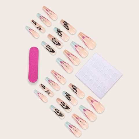 Uñas Postizas Press On Mariposa Largas Coffin Pedrería Manicura French Tip Azul Rosa Para Mujeres