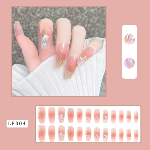 Ongles À Presser Forme Cercueil Dégradé Rose Avec Strass Et Feuilles D'or Style Français Élégant Faux Ongles