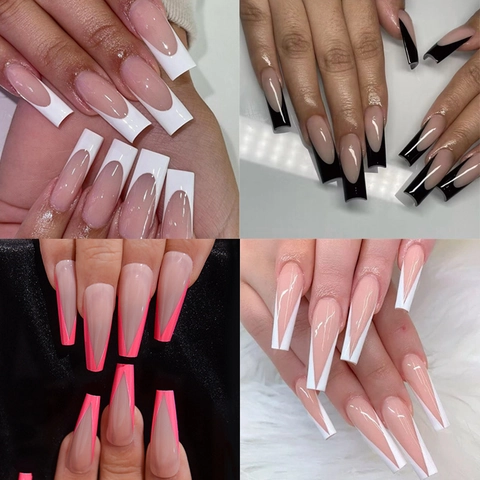 Unghie Finte Press On French V Tip Lunghe Bara Rosa Nude Nero Bianco Manicure Elegante Unghie Artificiali Per Donne