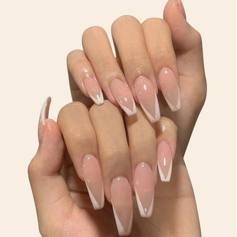 Unghie Finte Coffin Lunghe French Punte A V Bianche Rosa Nude Unghie Artificiali Lucide Con Colla Gelatina E Lima