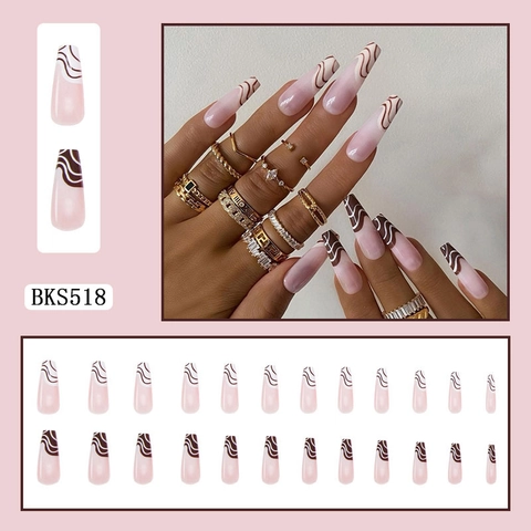 Long Coffin Press On Nägel Nude Rosa Braun Welle Wirbel Design Glänzende Künstliche Falsche Nägel Für Frauen