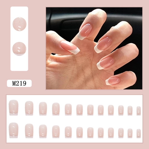 French Press On Nails White Tip Nude Pink Short Square False Nails With Jelly Glue And Nail File For Elegant Manicure