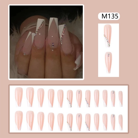 Coffin Long False Nails French White V Tip Rhinestone Nude Pink Glossy Artificial Fingernails For Women