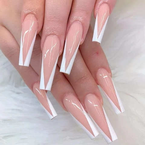 Unghie Finte Press On French V Tip Lunghe Bara Rosa Nude Nero Bianco Manicure Elegante Unghie Artificiali Per Donne