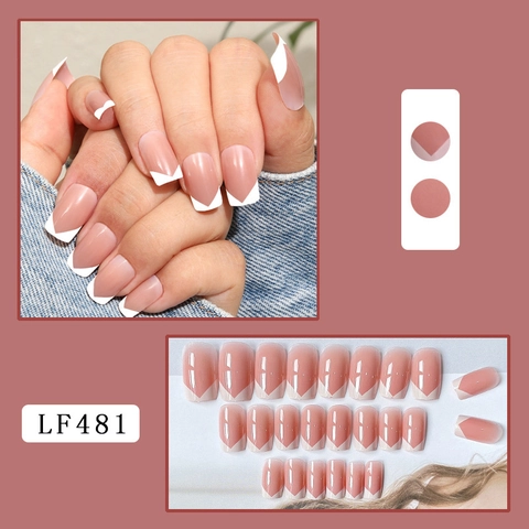 Press-On Nails French V-Tip Short Square Glossy Pink White Elegant Natural Artificial Fingernails Manicure