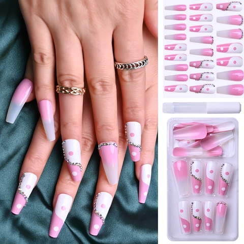 Extra Long Ballerina Press On Nails Pink White Gradient Yin Yang Design Rhinestone Embellished Glossy Wearable False Nails
