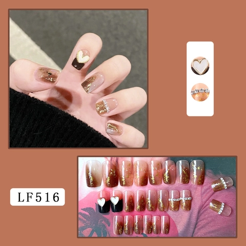 Handmade Press On Nails With Gold Foil And Rhinestone Heart Decor Luxury Marble Gradient Artificial Finger Nails For Women