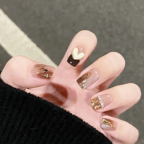 Handmade Press On Nails With Gold Foil And Rhinestone Heart Decor Luxury Marble Gradient Artificial Finger Nails For Women