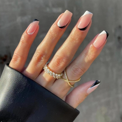 Press On Nails French Black White Square False Nails With Jelly Glue And File Elegant Daily Manicure For Women