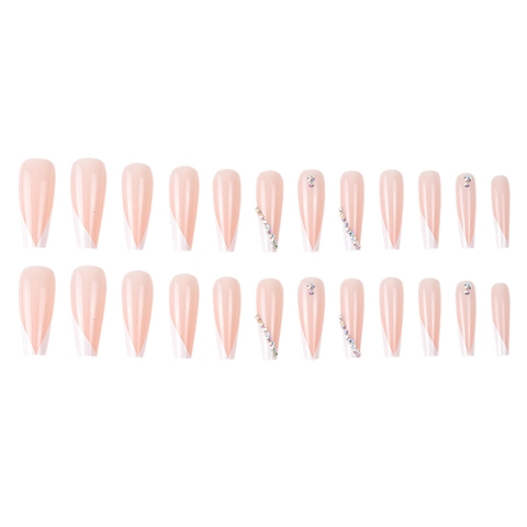 Long Coffin Press On Nails White V French Tip Pink False Nails Rhinestone Manicure Elegant Glossy