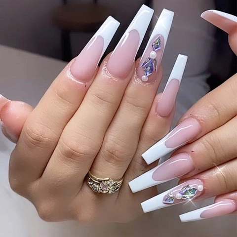 Uñas Postizas Largas Coffin Press On French Tip Decoración Strass Perla Artificial Blanco Rosa Manicura Elegante Para Mujeres