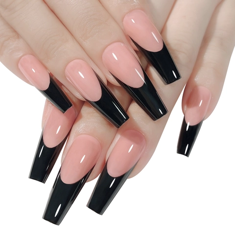 Unghie Finte Lunghe A Bara Stile Francese Punte Mezzaluna Nere Rosa Nudo Lucido Unghie Artificiali Per Donne